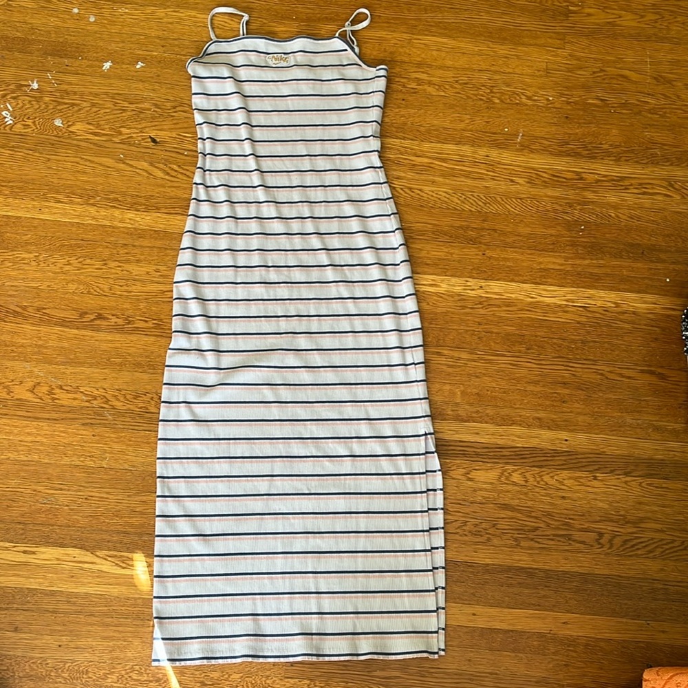 Nike midi athleisure dress lavender striped adjustable straps and slit on side